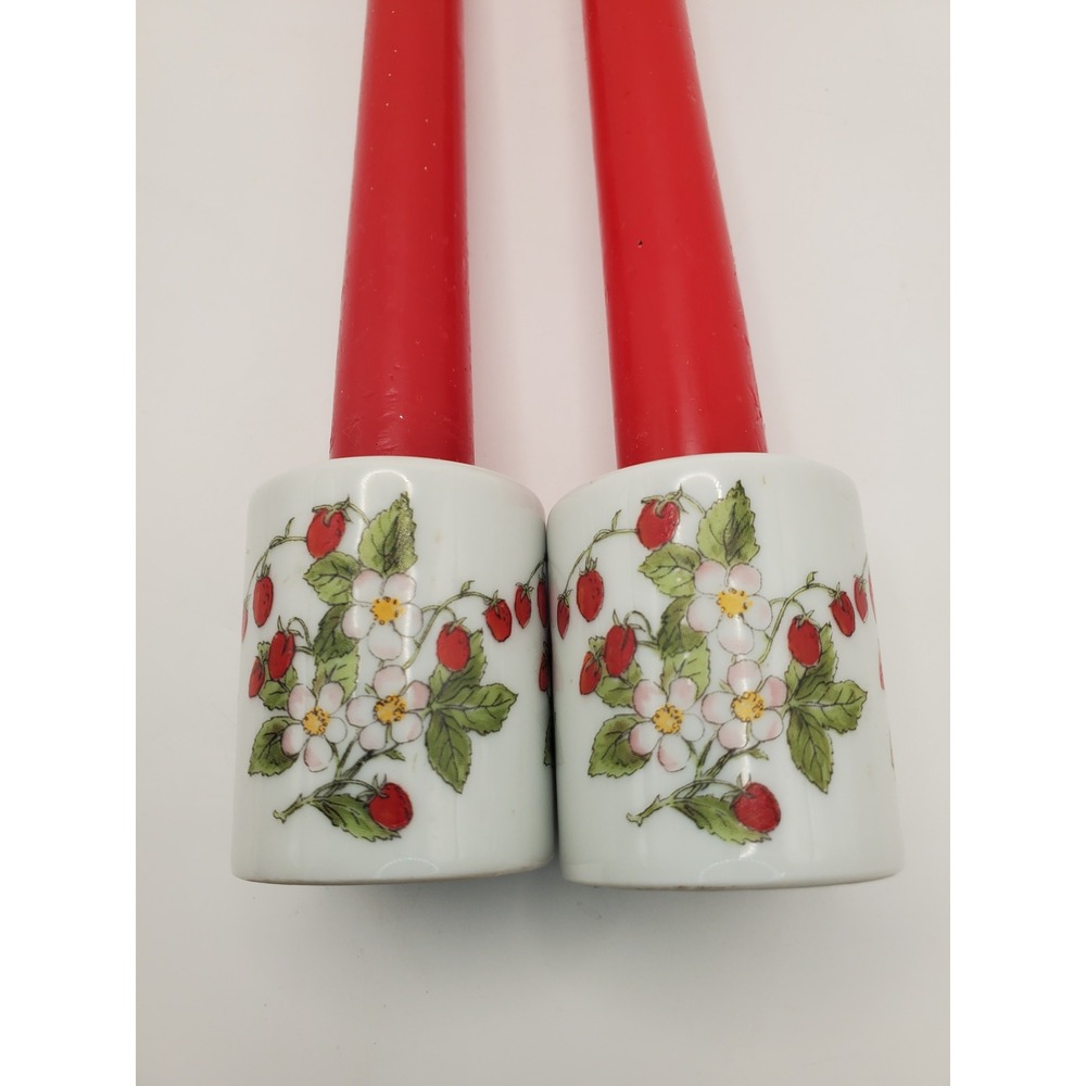 Vintage Biedermann & Sons Strawberry Porcelain Taper Candle Holders (Set of 2)